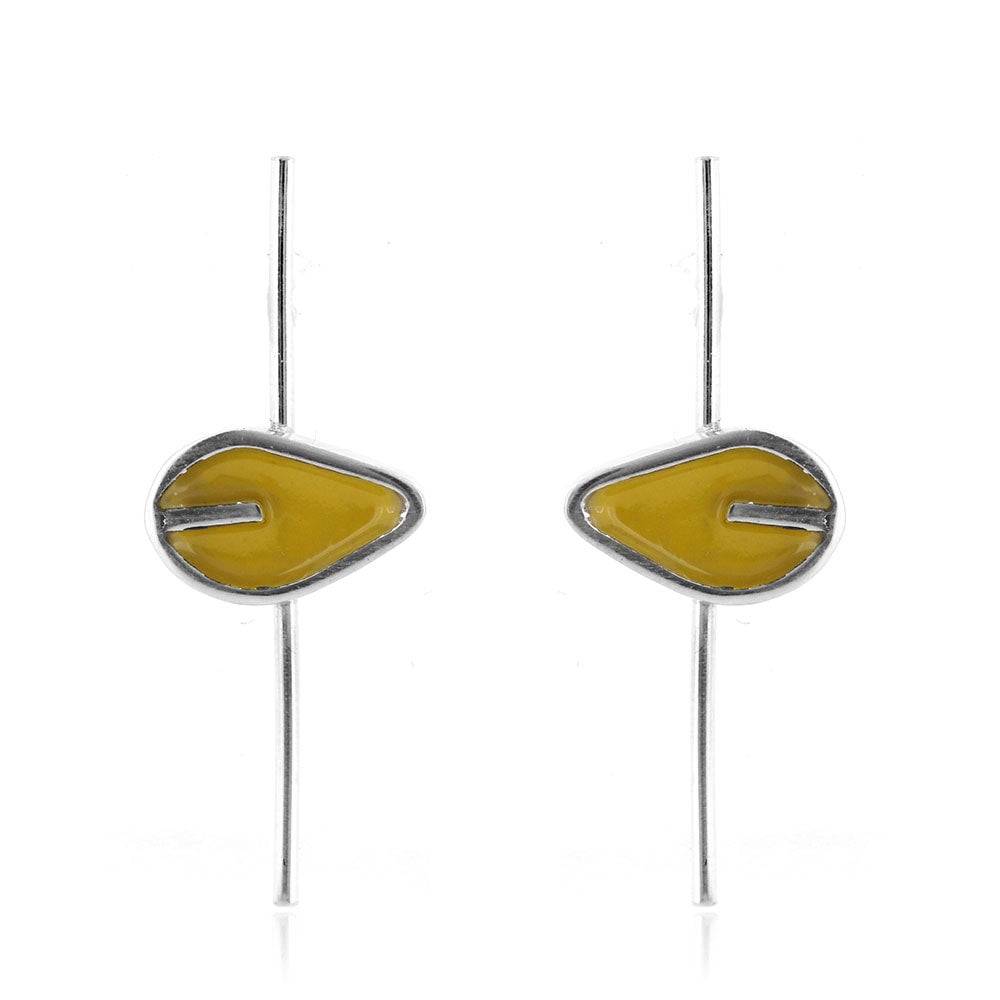 Single Leaf Long Stem Stud Earrings Yellow Golden Snowdrop