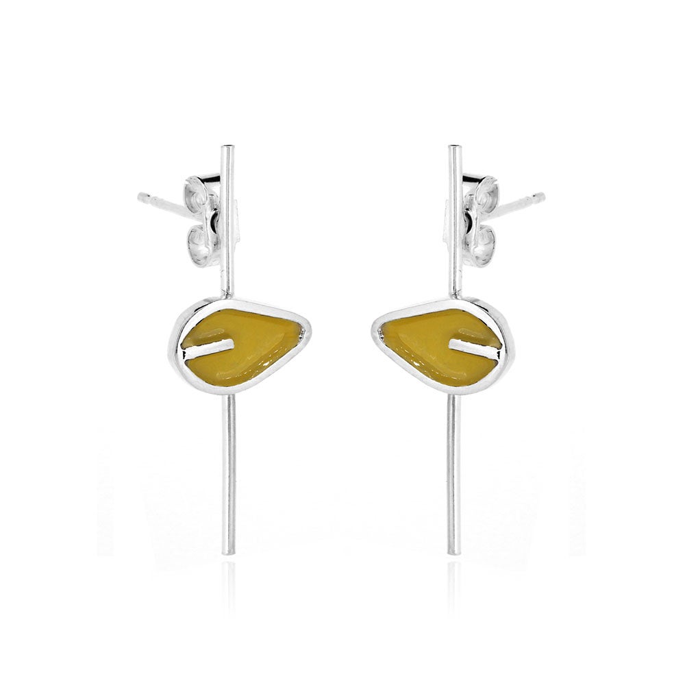 Single Leaf Long Stem Stud Earrings Yellow Golden Snowdrop